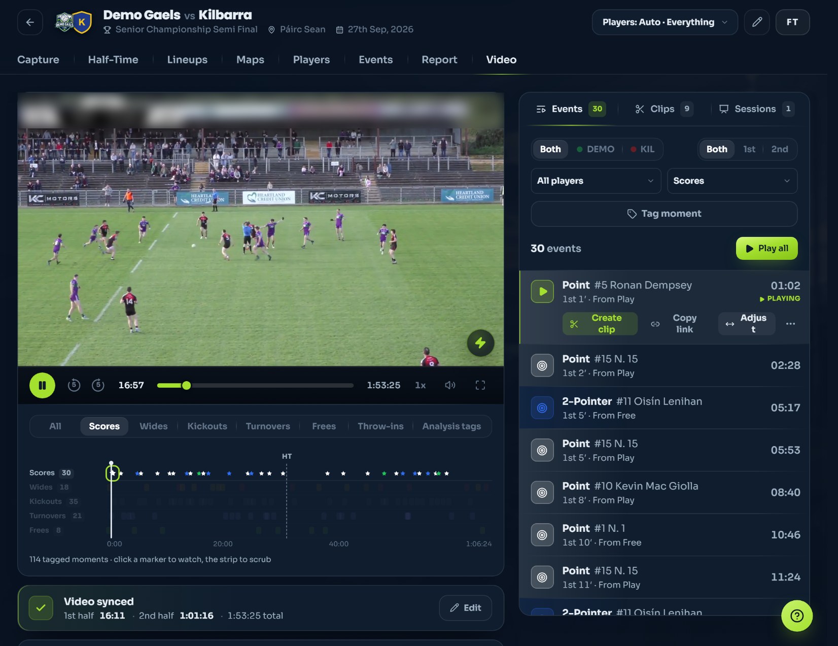 The video room: the match playing beside every tagged score, kickout and turnover